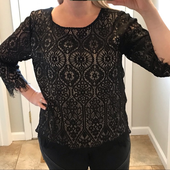 LOFT Black and Tan Lace Layered Top - Picture 2 of 8